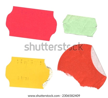 set of empty grungy adhesive price stickers, multicolored price tags, with free copy space, isolated on white
