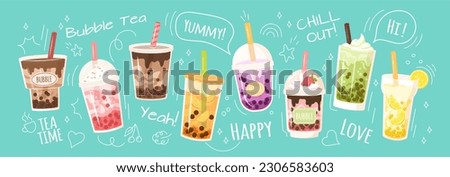 Bubble tea, coffee drink. Doodle cup of ice milk, milkshake in glasses, cute cartoon beverages for cafe menu, dessert ad, cold summer chocolate. Horizontal banner vector fashion background Royalty-Free Stock Photo #2306583603