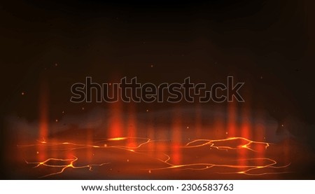 Ground crack. Volcano lava. Broken cave with hell light. Magma backdrop. Black land and fracture hole. Red burn in rock. Glow hot fissures. Volcanic terrain surface. Vector background Royalty-Free Stock Photo #2306583763