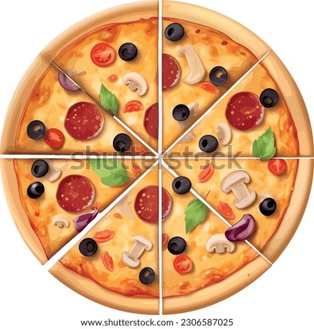 A pizza vector is a graphical representation of a pizza. Typically, it features a circular shape filled with warm colors to depict the crust and cheese.