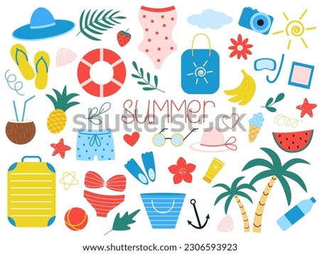 Summer vacation set of elements. Cute attributes of summer beach holiday. Collection palm tree, fruits, bathing and leisure items, hand drawn isolated vector illustration