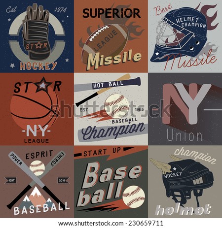 Set vintage of sports vector logos, labels and design elements. Sports emblems: rugby, hockey, basketball, baseball.