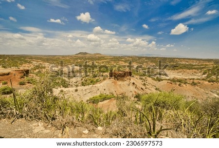 Panoramic view of Olduvai Gorge, site of ancient hominid fossil finds by the Leakey family, Tanzania Royalty-Free Stock Photo #2306597573