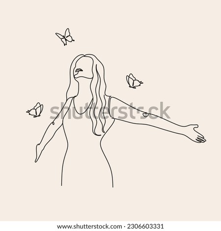 Free woman line art. Continuous line art woman stretching arms is relaxing vector illustration. Relax concept