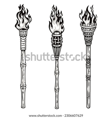 Burning torches monochrome set label with three wooden torches with flames to illuminate dark cave vector illustration