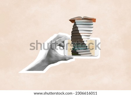 Collage of knowledge concept, human hand with books