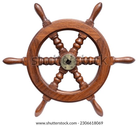 Wooden steering wheel rudder of a small boat isolated on white background. Old ship rudder Royalty-Free Stock Photo #2306618069