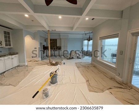 Getting some interior house painting done. Drop cloths are spread out on the floor of a large living room and kitchen space. Ceilings have been painted and the walls are next.