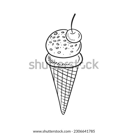 Tasty delicious icecream ball in waffle cone with crunchies in black isolated on white background. Hand drawn vector sketch illustration in doodle engraved vintage style. Tasty, summer, dessert.