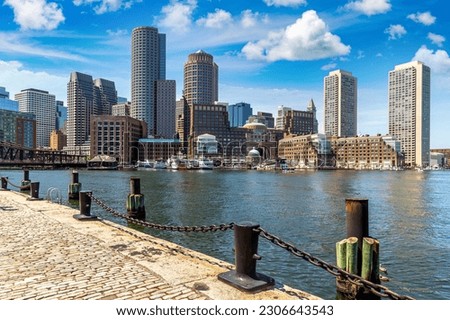 Panoramic view of Boston cityscape at Fan Pier Park
in a sunny day, USA Royalty-Free Stock Photo #2306643543