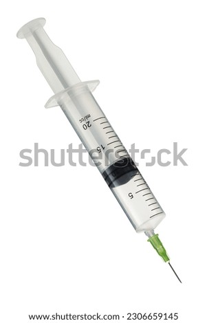 Medical syringe 20cc inclined on white with clipping path