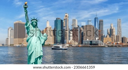 New York City skyline of Manhattan with Statue of Liberty and World Trade Center photomontage panorama traveling in the United States