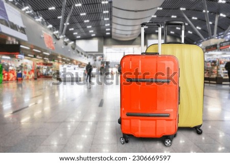 Stylish Luggage Suitcases At Airport, Travelling Concept