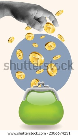 Creative photo of arm with wallet and golden coin