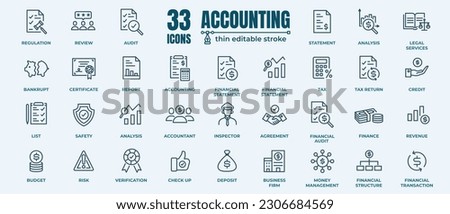 Accounting icon set. Containing financial statement, audit, financial report, invoice. Pixel perfect 64x64. Editable Strokes  Royalty-Free Stock Photo #2306684569