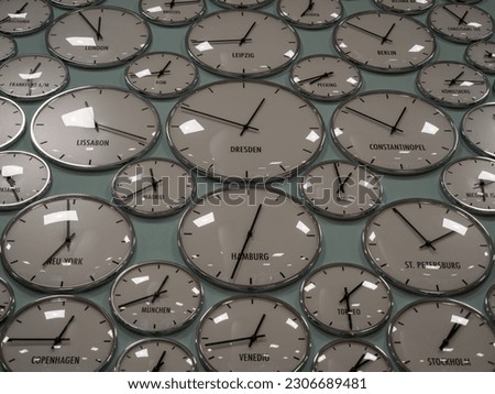 Wall Clock with the time of different European cities in Berlin. Clock with different time zones. Royalty-Free Stock Photo #2306689481