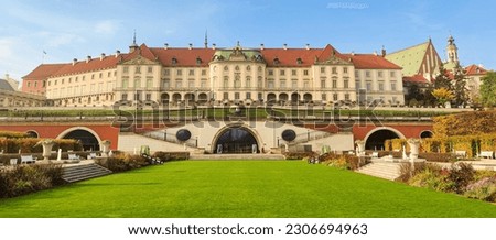 WARSAW, POLAND - October 26 2022: Panoramic view of the royal castle. King palace park, tourist attraction in Warsaw, Poland Royalty-Free Stock Photo #2306694963