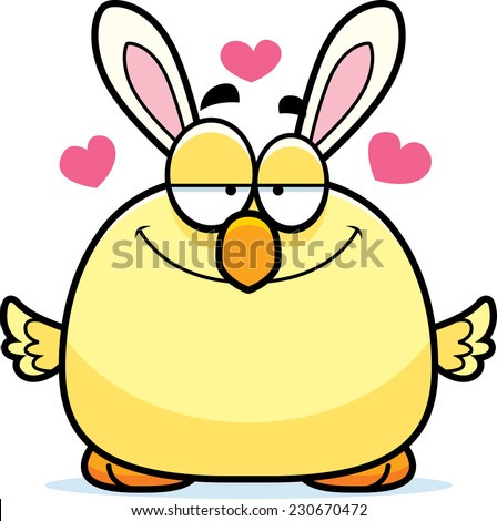 A cartoon illustration of an Easter bunny chick in love.