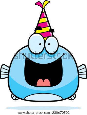 A cartoon illustration of a fish with a party hat looking happy.
