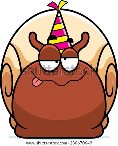 A cartoon illustration of a snail with a party hat looking drunk.