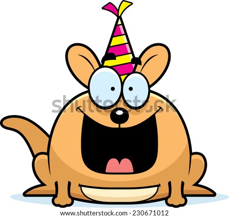A cartoon illustration of a little kangaroo with a party hat looking happy.