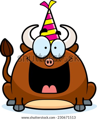 A cartoon illustration of a little bull with a party hat looking happy.