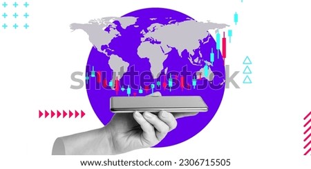 Global investments, world trade, the use of technology for financial success. A hand with a mobile phone and stock charts on the background of a world map. Minimalistic art collage