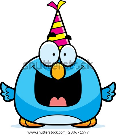 A cartoon illustration of a bluebird with a party hat looking happy.