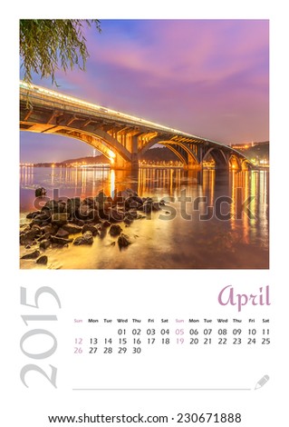 Photo calendar with minimalist cityscape and bridge  2015. April
