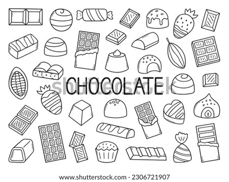 Chocolate doodle set.  Different kinds of chocolate. Cocoa bean, chocolate candies, chocolate bar in sketch style. Hand drawn vector illustration isolated on white background