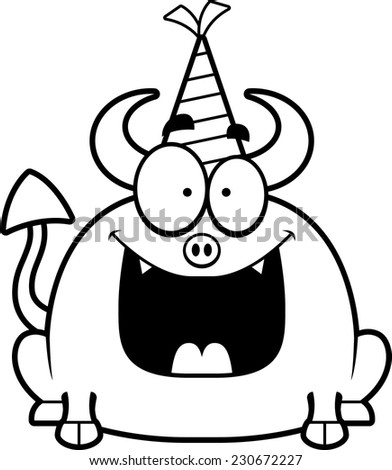 A cartoon illustration of a little devil with a party hat looking happy.