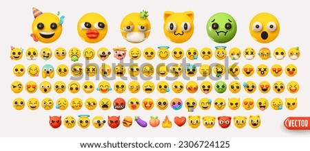 Set Icon Smile Emoji. Realistic Yellow Glossy 3d Emotions round face. Big Collection Smile Emoticon Cartoon Style. Isolated on white background. vector illustration Royalty-Free Stock Photo #2306724125