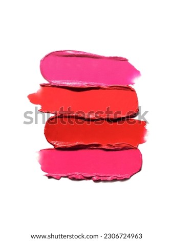 Red pink lipstick glossy texture, texture stroke isolated on white background. Cosmetic product swatch four;