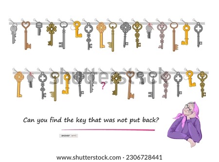 Logic puzzle for children and adults. Can you find the key that was not put back? Educational game. Printable page for kids brain teaser book. Play online. Vector cartoon illustration. Royalty-Free Stock Photo #2306728441