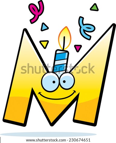 A cartoon illustration of a letter M with a birthday candle and confetti.