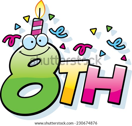 A cartoon illustration of the text 8th with a birthday candle and confetti.