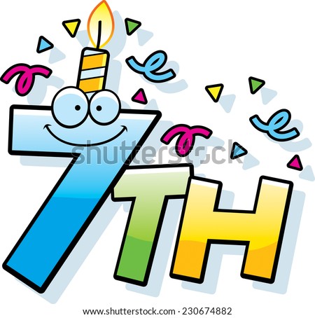 A cartoon illustration of the text 7th with a birthday candle and confetti.