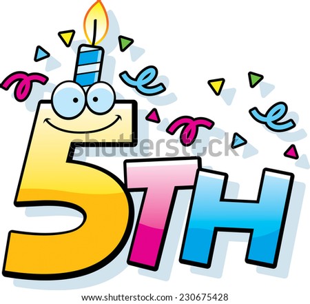 A cartoon illustration of the text 5th with a birthday candle and confetti.