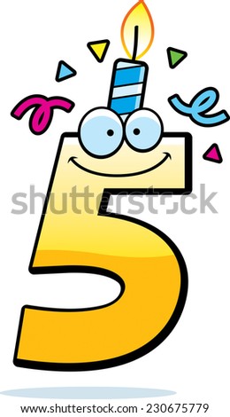 A cartoon illustration of a number five with a birthday candle and confetti.