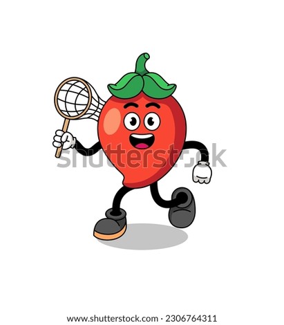 Cartoon of chili pepper catching a butterfly , character design