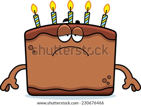 A cartoon illustration of a birthday cake looking sad.