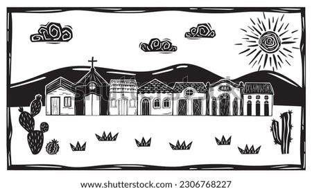 Village of simple houses and little church, sunny sky with clouds in the interior of Brazil. Vector woodcut, Cordel from the Brazilian Northeast Royalty-Free Stock Photo #2306768227