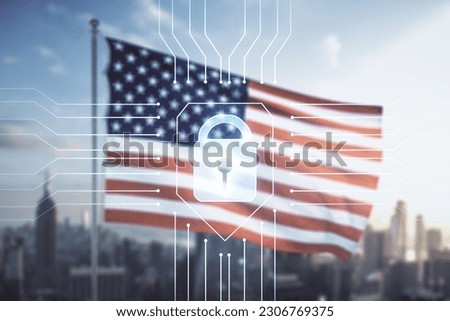 Virtual creative lock illustration with microcircuit on USA flag and blurry skyscrapers background, cyber security concept. Multiexposure