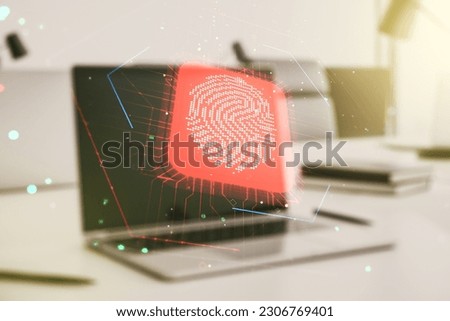 Double exposure of abstract creative fingerprint hologram on laptop background, research and development concept
