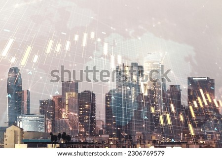 Double exposure of abstract creative financial diagram and world map on Los Angeles office buildings background, banking and accounting concept