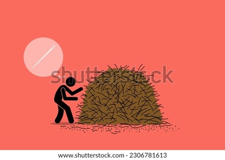 Finding a needle in a haystack. Vector illustrations clip art depicts concept of difficult task, impossible mission, hidden gem, challenging job, and extreme effort.  Royalty-Free Stock Photo #2306781613