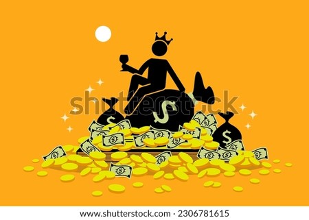 Man wearing a crown sitting on a pile of money and gold coins. Vector illustrations clip art depicts concept of rich, wealth, inheritance, lucky, fortune, treasure trove, and extravagant. 
