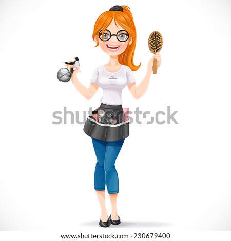 Cute redhead girl hairdresser with spray and hairbrush portrait in full growth isolated on a white background