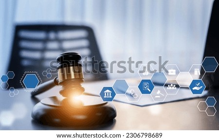Smart law, legal advice icons and lawyer working tools in the lawyers office showing concept of digital law and online technology of astute law and regulations . Royalty-Free Stock Photo #2306798689