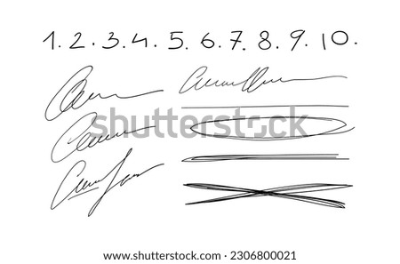 A set of handwritten scribbles and numbers, signature, strikethrough blots, mistakes. Hand drawn set of pen lines and design elements, vector illustration isolated on white background. Royalty-Free Stock Photo #2306800021